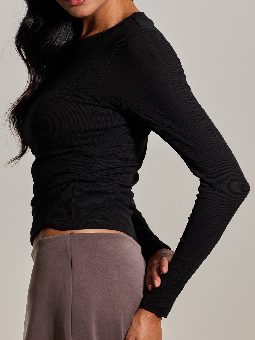 Klassy Network Black Ribbed Crew Neck Long-Sleeve Built In Bra Top